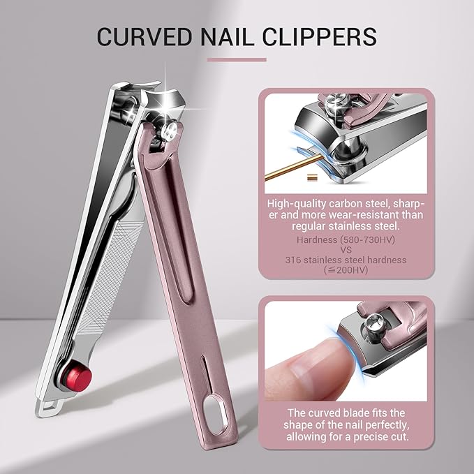 MelodySusie Nail Clippers Set, Ultra Sharp Toenail Clippers with Glass Nail File, 3 in 1 Stainless Steel Nail Clippers for Men Women, Fingernail Clipper Nail Cutter Manicure Set, Pink