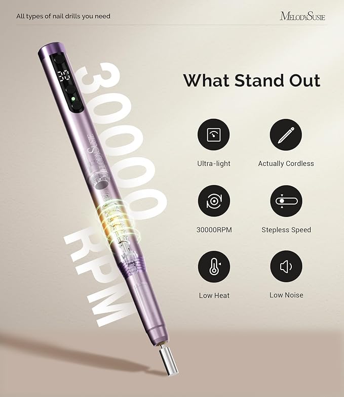 MelodySusie Pen-Shaped Ultra-Slim Cordless Nail Drill, PM170F 30000RPM Portable Rechargeable Electric File with LED Display for All Manicure, Nail Care, Shaping & Gel Removal for Advanced Home Use