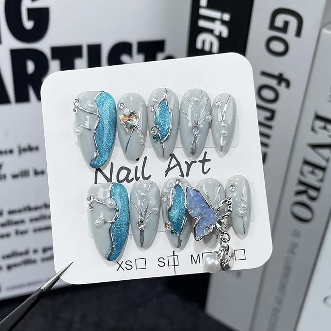 Almond Handmade Press on Nails Blue Glitter Acrylic Nails with 3D Irregular Pendant Design Nature Handmade Pearl Rhinestone Embossed Fake Nails Reusable Muti-Layer Gel Stick on Nails for Women (S)