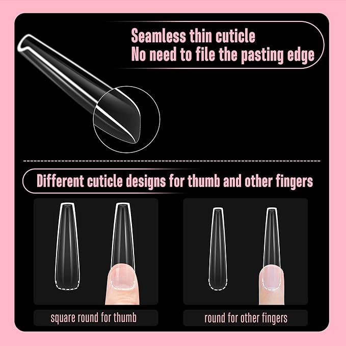 NOVO OVO Sculpted XXL Coffin Nail Tip for Curved Nail Beds, Extra Thick Long False Nails Press on, Full Cover Soft Gel Extension Fake Nail for Acrylic kit, Clear X 15 Sizes 300pcs