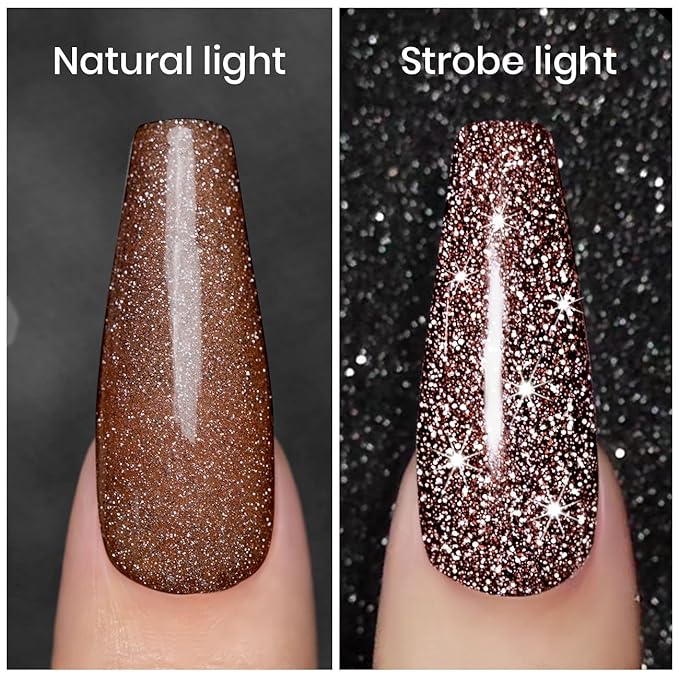 RARJSM Reflective Glitter Gel Polish,Flash Dimond Caramel Brown Gel Nail Polish Winter Colors Sparkly Shiny Nail Art U V L E D Curing Need for Manicure DIY and Nail Salon 7.5ML
