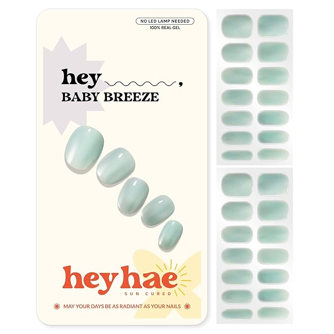 Heyhae Semi Cured Gel Nail Strips | No LED Lamp Needed | Blue, Valentines | Easy Apply & Remove, Salon Quality | Includes 28 Strips, 1 Prep Pads, Nail File & Wooden Stick - Hey, Baby Breeze