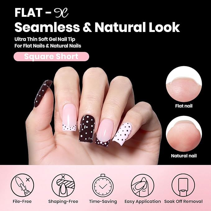 Beetles Gel Nail Kit Flat-X, Square Short, 320pcs 16 Sizes Nail tips, with 15g Nail Glue Gel Hands-Free, 7.5ml Base Gel & Top Coat, Mini Lamp, for Acrylic Press On Nail, Extension DIY Set at Home