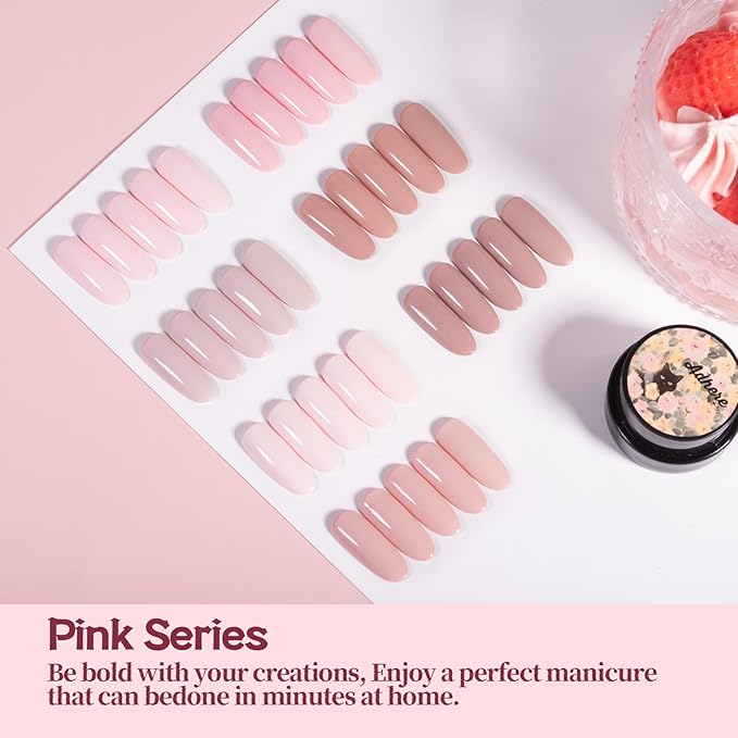 ADHERE Pink Gel Nail Set - 7 Colors with Brush, French Manicure, Soak Off LED Gel Polish, Nail Art DIY Gift