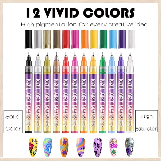 12 Colors Nail Art Pens for Painting Nails,0.5mm Nail Polish Pens Point Liner Acrylic Painted Pen Kit,Waterproof and Quick-drying Nail for DIY Nails Art Design