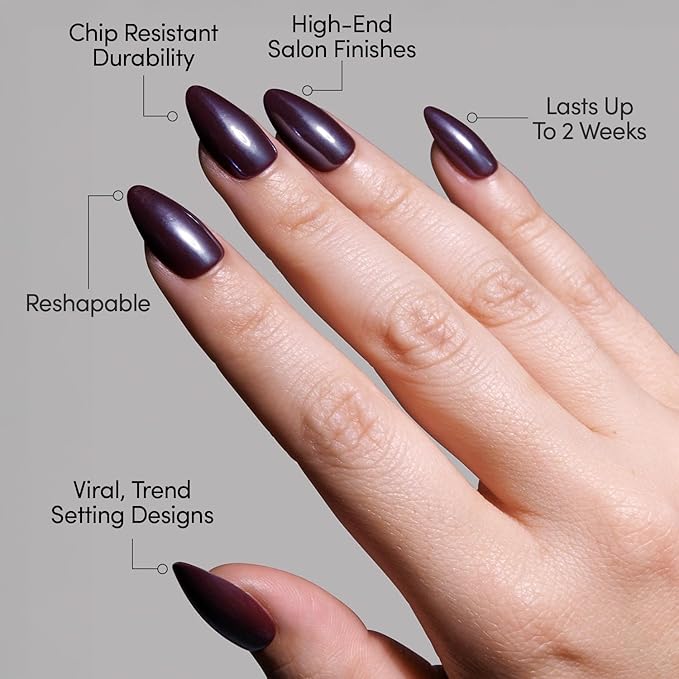 Glamnetic Press On Nails - Burgundy Chrome | Short Almond Fake Nails with a Metallic Chrome Finish, Salon Quality Halloween Nails | 15 Sizes - 30 Nail Kit with Glue