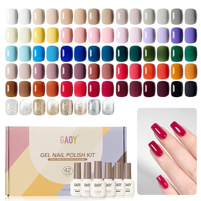 GAOY 42 Pcs Gel Nail Polish Kit, Nude Green Red Glitter Colors All Seasons Gel Nail Polish Set with Glossy & Matte Top Coat and Base Coat for Salon and DIY Manicure at Home