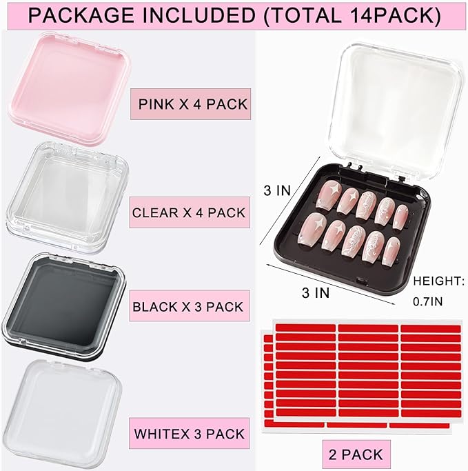 14 Pcs Press On Nail Packaging Box Press on Nail Storage Box for Press Ons with 60 Pcs Adhesive Double Sided Tape for Fake Nail Storage Case Nail Display Nail Salon Supplies Nail Art Nail Business