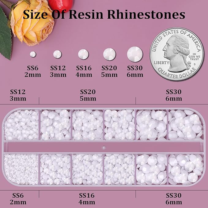 Resin Rhinestones for Crafting, 1 Box White Flatback Crystals for Bedazzling Crafts DIY Nail Art Decoration, Non Hotfix Bulk Gems for Tumbler Shoes Clothing Fabric Face Makeup