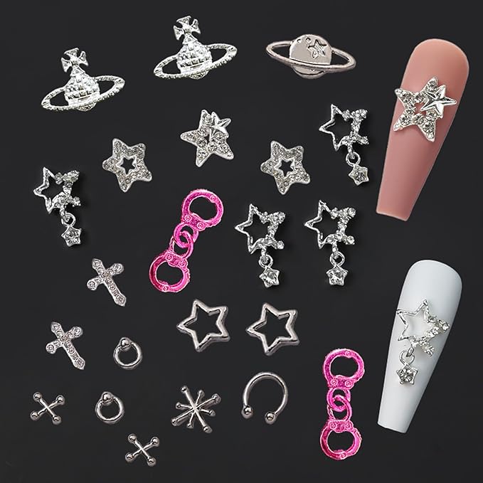 134PCS Nail Charms,Silver Star Planet Cross Nail Jewels Punk Pink Handcuffs Billiards Nail Art Accessories for Acrylic Nails, Nail Art Supplies Craft DIY, Mix
