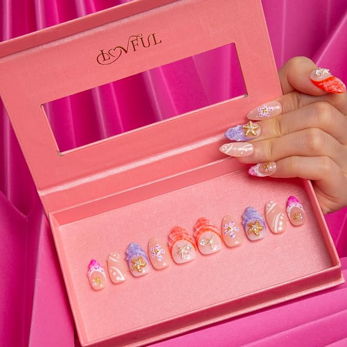 LOVFUL Press on Nails Coastal Sparkle | Handmade with Full Covered Crystals | Reusable Fake Nails | Almond Regular 1.0 in | H320-S