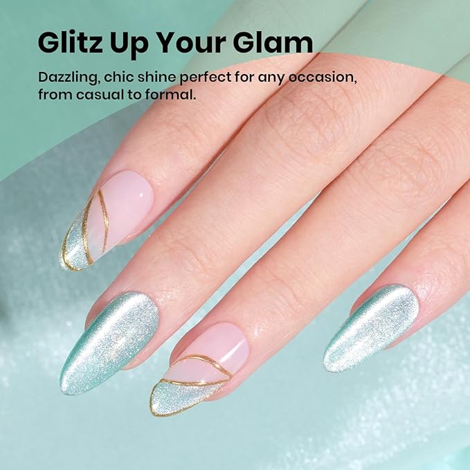 Beetles Green Cat Eye Gel Polish, 15ML Mint Green Cat Eye Glitter Gel Polish with Magnet Soak Off UV Shimmer Velvet Gel Mint Stardust Series French Nail Art Design Manicure Gifts for Women