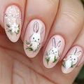Cute Rabbit Easter Press on Nails - Medium Oval Fake Nails with Spring Flower Designs Pink False Nails Press ons Reusable Full Cover Stick on Nails Easter Nails for Women Manicure 24Pcs