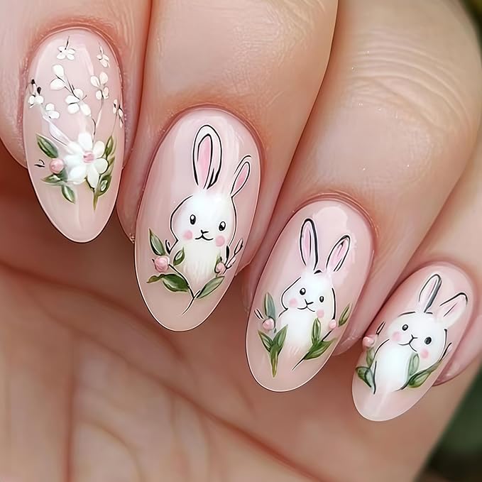 Cute Rabbit Easter Press on Nails - Medium Oval Fake Nails with Spring Flower Designs Pink False Nails Press ons Reusable Full Cover Stick on Nails Easter Nails for Women Manicure 24Pcs