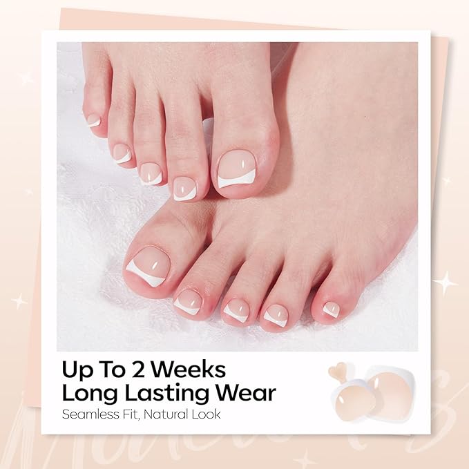 Modelones Press on Toenails Short, Nude French Tip Toe Nails Square, Reusable Nail Kit with Nail Glue Adhesive Tabs Mini Nail File, Toe Nails 36Pcs 18Sizes, Spring Women Girl Gift