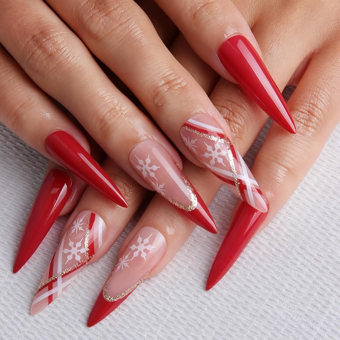 24pcs Red Long Almond French Tips Press On Nails with Snowflakes and sparkling lines for Themed Costumes, Reusable Nail Kit with Nail Adhesive Tabs Mini Nail File, 12 Sizes (Red)