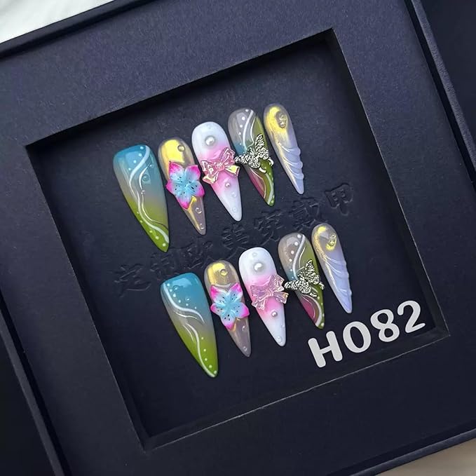 100% Handmade Press on Nails Long Stiletto Fake Nails 5D Flower Glue on Nails Ombre Green False Nails Butterfly Bow Charms Water Ripple Handmade Nail for Women Girls Daily Wear Manicure 10pcs Size L