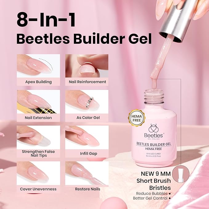 Beetles HEMA Free Builder Gel for Nails, 3 Pcs Glitter Pink Builder Nail Gel with Gel Top and Base Coat Set for Gel Polish Long Lasting Strengthening Safe Low-Sensitivity Formula Nail Gifts for Women