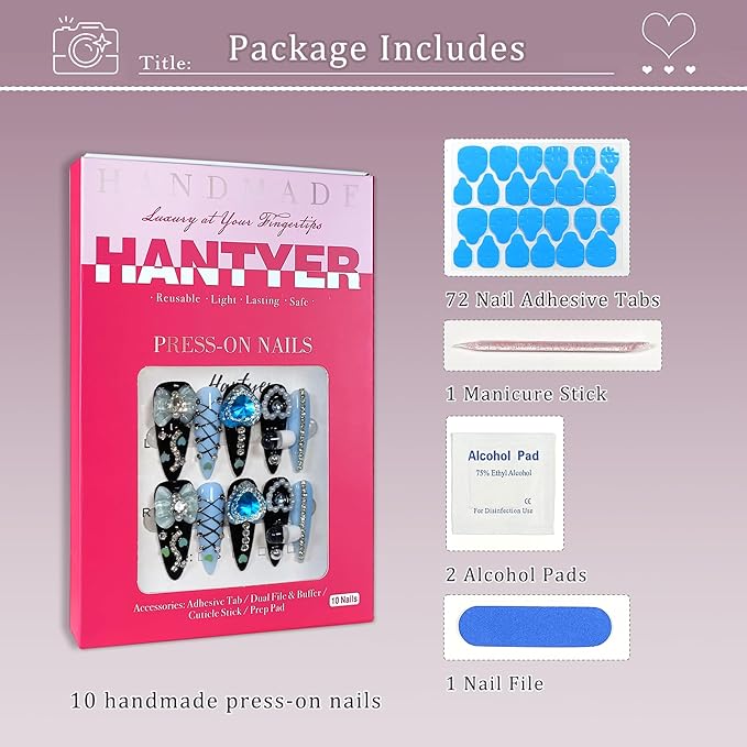 Gothic Blue Press on Nails with Tools Kit, 10pcs Long Stiletto Matte Black & Blue Nails, Blue Rhinestones, Bows & 3D Hand-Painted Art, Reusable & Easy Apply for Night Events (Size L)