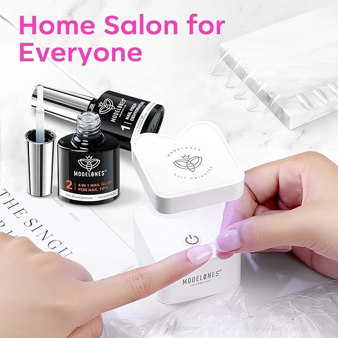 modelones Gel Nail Kit, Fake Nails Long Coffin, 9-in-One Glue Prep Dehydrator & Portable Mini U V Light Acrylic Clipper, 500Pcs Coffin Tips for Extension Kit DIY Salon Home Gifts for Women (Pack of 2)