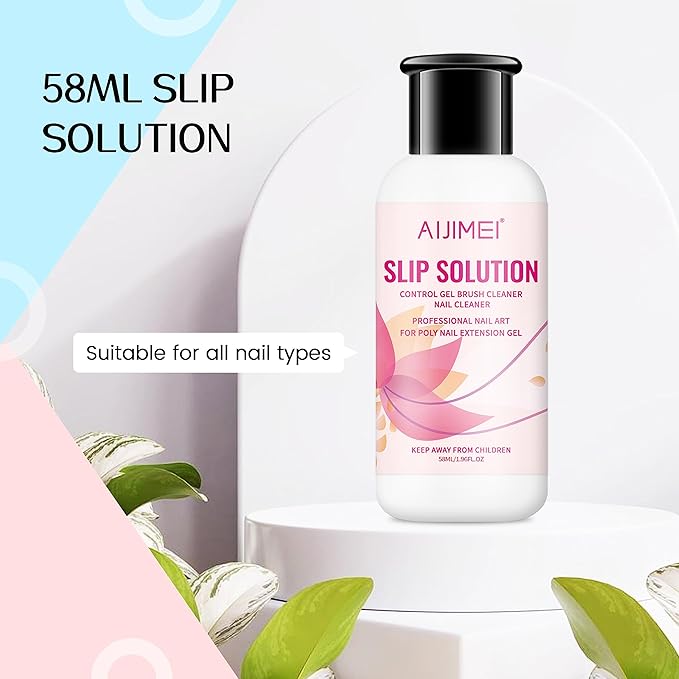 AIJIMEI 58ml/2fl.oz Nail Slip Solution Set Slip Solution for Poly Nail Gel Nails Nail Extension Professional Poly Nail Gel Slip Solution with Nail Brush Glass Crystal Cup for Home and Salon