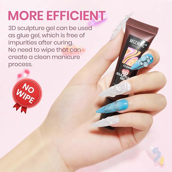 MIZHSE 5D Sculpting Gel for Nails, Clear 3D Nail Art 15g, Carving Molding Drawing Building Sculpture Gel for Design Decoration Soak Off Manicure Home DIY