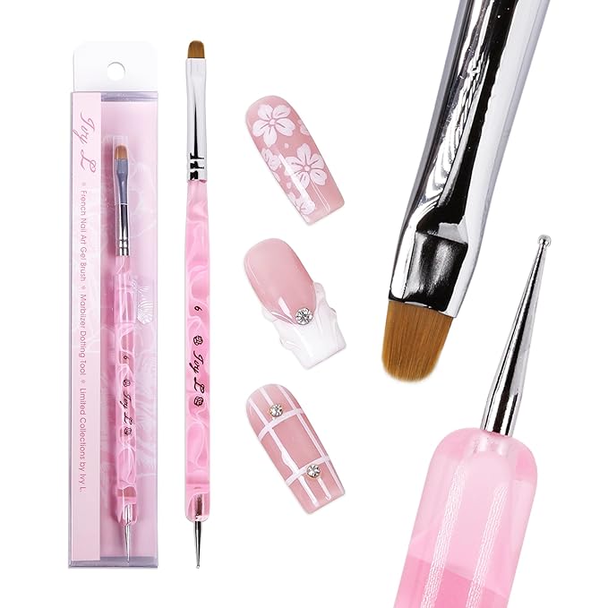Ivy L Premium 2 Way French Gel Acrylic Nail Art Kolinsky Brush with Dotting Tool for Professional Manicure Cuticle Clean up Nail Art Design (Size # 6, Pink Marble)