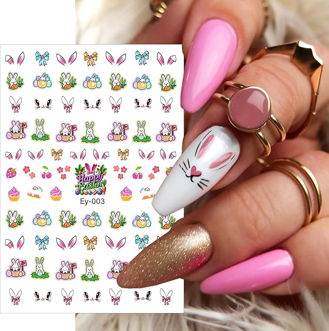 6 Sheets Easter Nail Stickers Cute Flower Carrot Chick Rabbits Nail Art Stickers 3D Self-Adhesive Easter Egg Nail Decals Cartoon Bunny Nail Design Supplies for Women DIY Holiday Nail Art