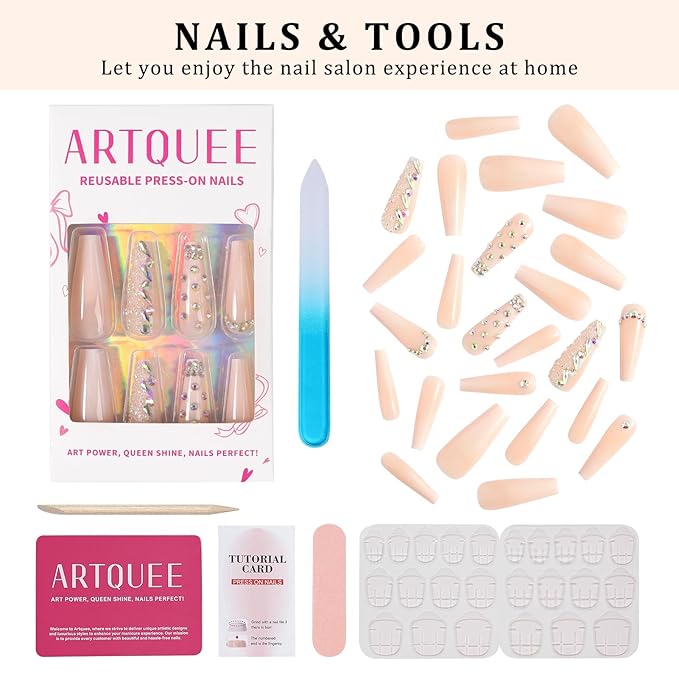 Artquee 24pcs French Nude White Ballerina Water Droplets Drill Flash Diamond Long Glossy Coffin Fake Nails Press on Nail False Tips Manicure for Women