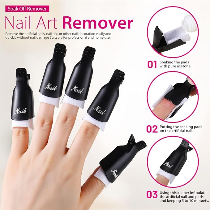 Teenitor Nail Gel Remover Tools Kit with Nail Remover Clips, Nail Remover Pads, Nail Brushes, Nail File Buffer, Cuticle Peeler Black