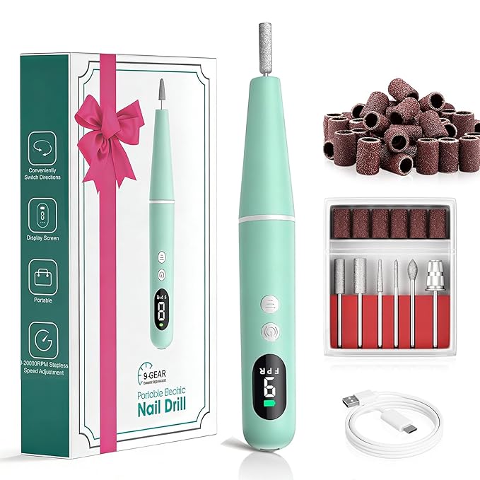 Salon-Grade Electric Nail Drill – Professional Cordless Nail File with LED Display, 6 Specialized Bits & 26 Accessories for Gel/Acrylic Nails & Thick Toenails (Cyan)