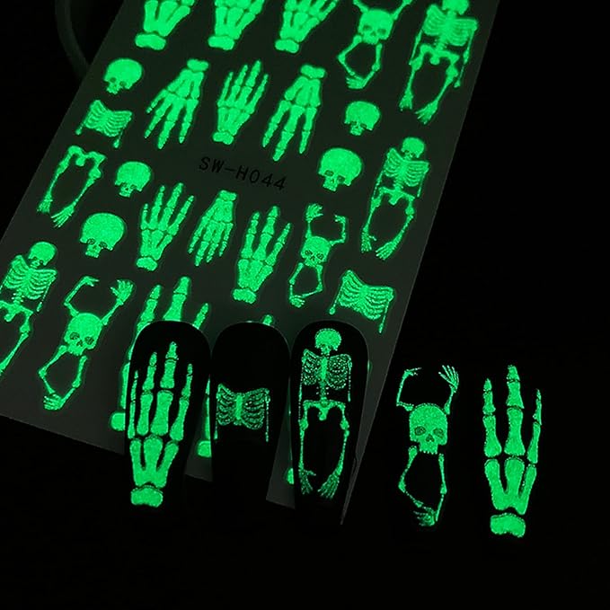 Luminous Halloween Nail Art Stickers Decals Cute White Ghost Nails Stickers Skeleton Spider Web Nails Decals Self-Adhesive Glow in The Dark Nail Art Decal for Women Halloween Decor