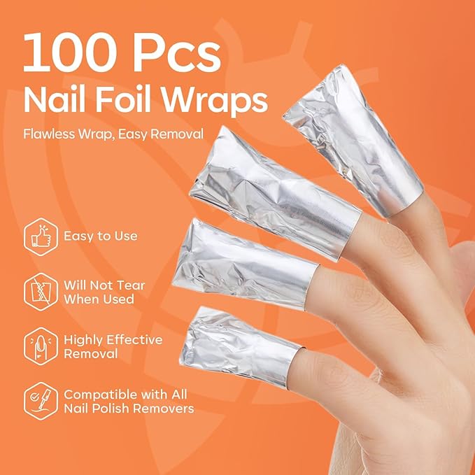 Modelones Nail Polish Remover Foil Wraps, 100 Pcs Pre-Cut Soak Off Gel Nail Remover Wraps with Cotton Pads for Gel & Acrylic Removal, Professional Nail Art for Home, Salon & DIY Use