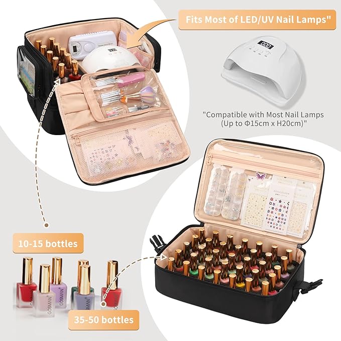 OCHEAL Nail Polish Organizer, Holds Nail Lamp and 45+ Bottles 2-in-1 Nail Polish Storage Case,Detachable Nail Techs Gel Kit Supplies Carring Bag for Manicurist Tools 45-Slot Nail Holder-Black