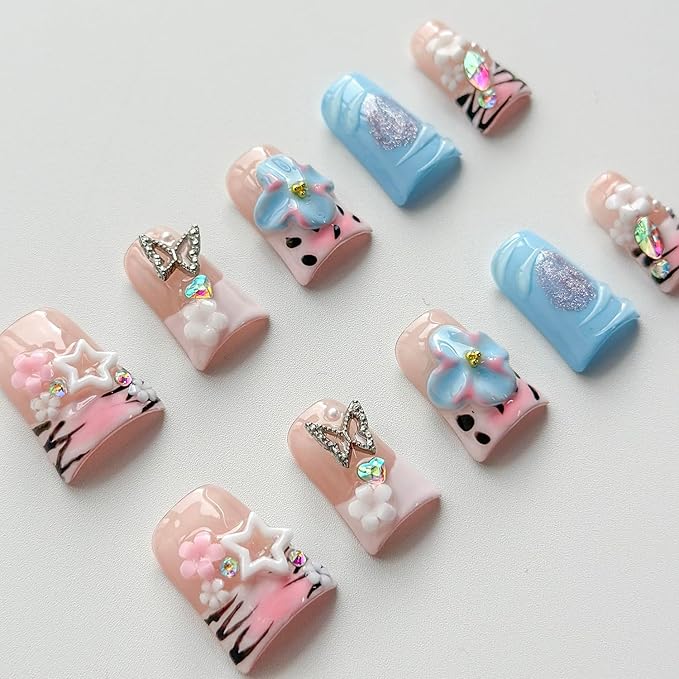 Luxury Press on Nails Short Duck Handmade 3D Unique Reusable ABS Material Fake Nails Pink French Tip False Nails with Designs Flower Butterfly Rhinestones Glossy Glue on Nail Thick Acrylic Nail(S)