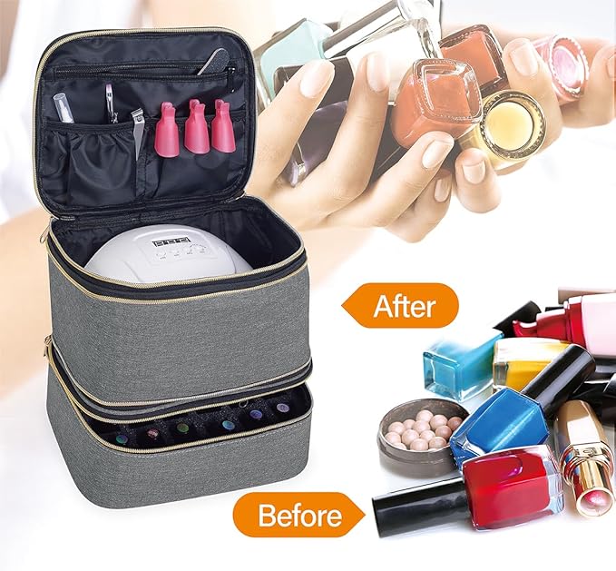 Nail Polish Organizer, Handheld Double Layer Nail Polish Storage with Adjustable Dividers, Holds 30 Bottles (15ml/0.5 fl.oz) for Nail Polish Lamp Manicure Tools and Essential Oil, Gray