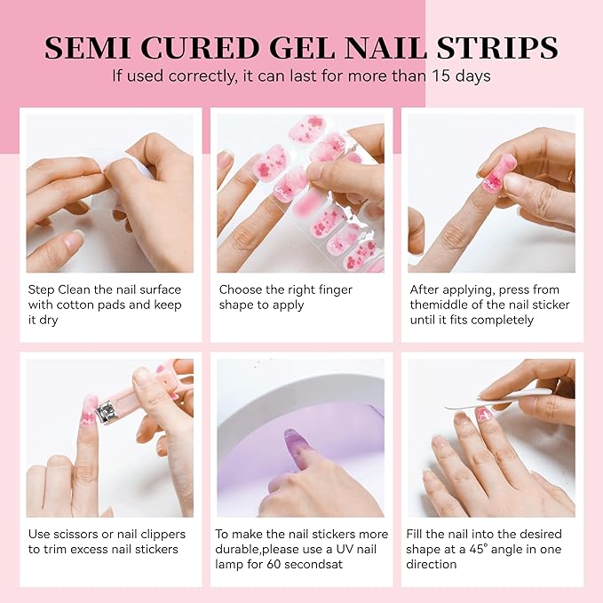 Semi Cured Gel Nail Strips White Flower French Tips Nail Strips with UV/LED Required Long Lasting Gel Nail Stickers for Spring Includes 22 Strips 2 Prep Pads, Nail File & Wooden Stick