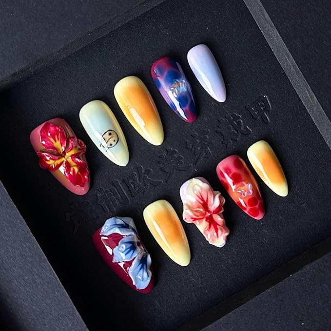 Handmade Press on Nails Medium Almond Nails Thick Fake Nails with Glue,Colourful False Nails with 3D Tropical Flower Art Design Acrylic Nails Nature Stick on Nail for Wome (Size M)