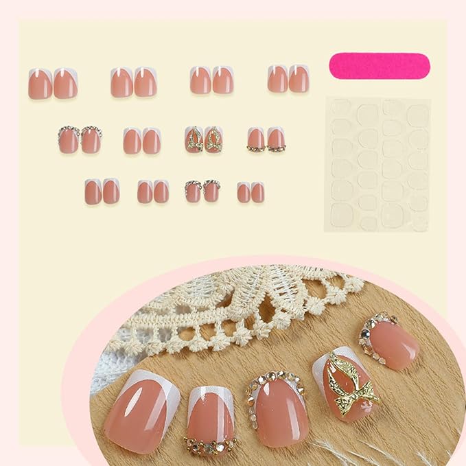 Square Press on Nails Short Fake Nails with Designs Bow Stick on Nail White French Rhinestone Acrylic False Nail Glossy Artificial Nail Full Cover Glue on Nails for Women 24Pcs
