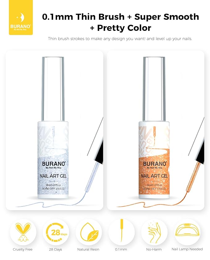 BURANO Gel Nail Polish Liner Nail Art Polish, Silver Gold Painted Gel Nail Design Polish 2 Bottle 8ml, Build in Thin Nail Brush Curing Required LX13 LX24