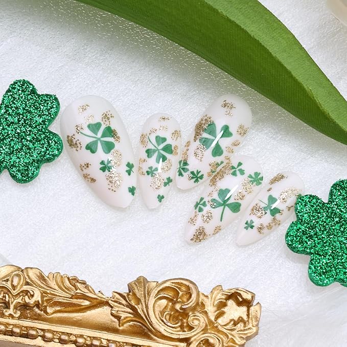 24Pcs St. Patrick's Day Press on Nails Medium Almond Fake Nails Lucky Clover Full Cover Spring False Nails Glitter Gold Acrylic Nails Irish Shamrock Glue on Nails Glossy Artificial Stick on Nails Set