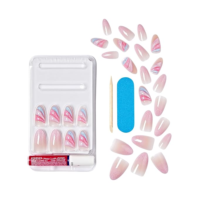 KISS Gel Fantasy Allure Press On Nails, Ready to Wear, 3D Design, Waterproof, Pink Gel Nail Glue 0.07 Oz. (2g), Manicure Stick & Mini File, 28 Count