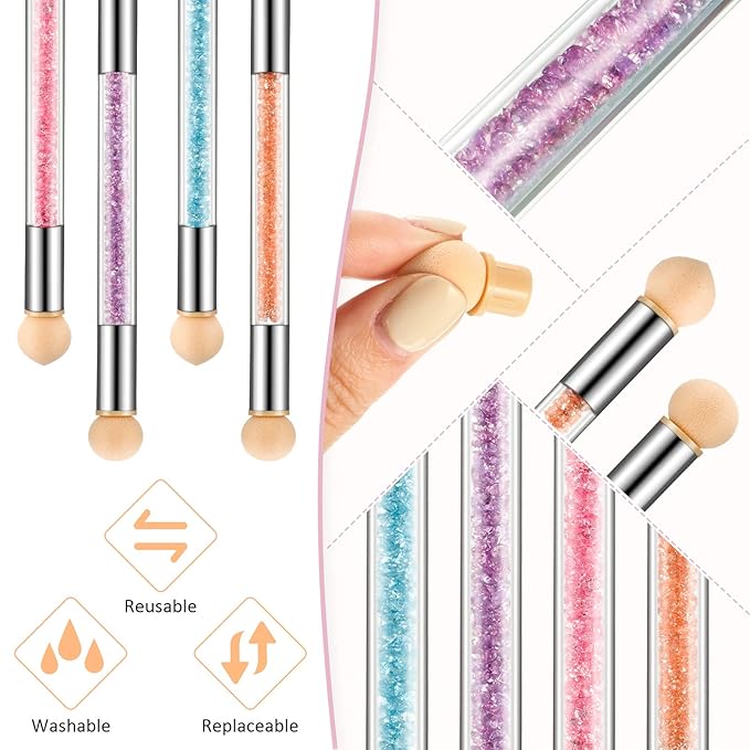Maitys 4 Pcs UV Gel Gradient Sponges Pens with 16 Pcs Replacement Head Nail Sponges for Ombre Double Head Brush for Nail Art Manicure DIY Tools(Pink, Purple, Champagne, Blue)