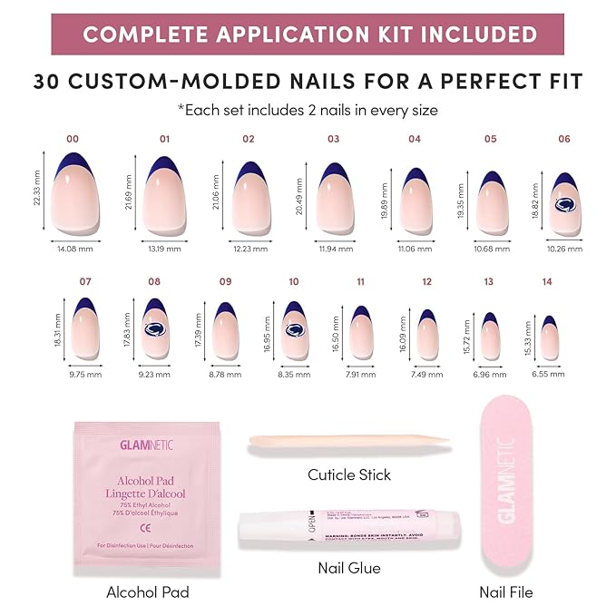 Glamnetic x Fanatics Press On Nails - Penn State Nittany Lions | Short Almond Fake Nails, Collegiate Nittany Lions Navy French Tips, College Nails, Salon-Quality | 15 Sizes - 30 Nail Kit with Glue