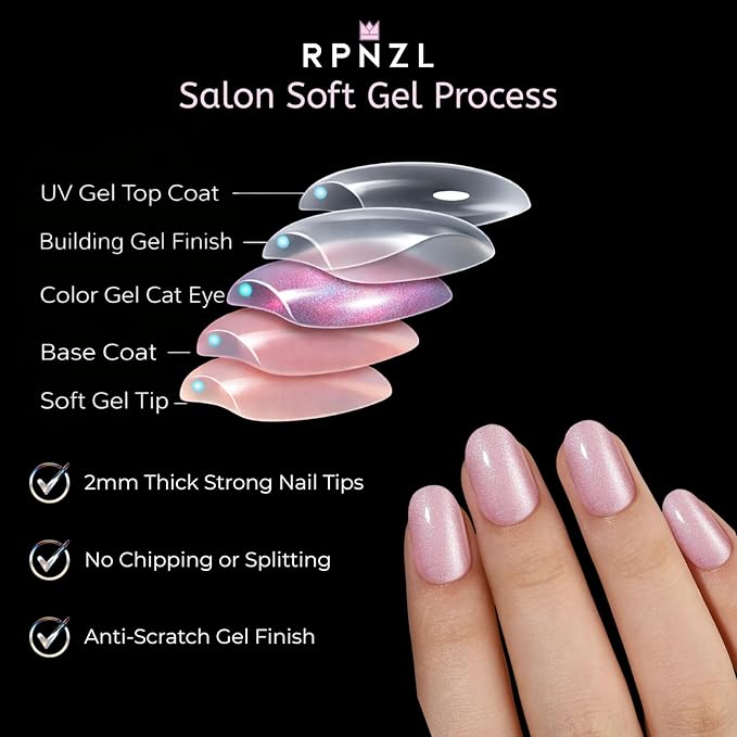 Press On Nails - Blush | Short Oval Light Pink Cat Eye, UV Finish Almond Nails, Salon Quality | 32 Nails, 16 Sizes Kit with Glue and Adhesive Tabs I Female Founded