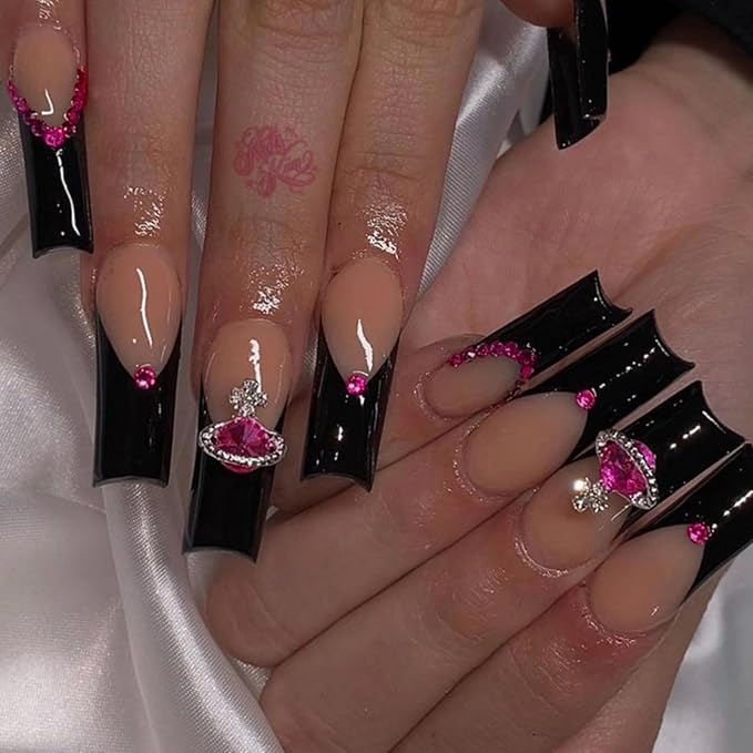 Long Press on Nails Square Fake Nails French Tip False Nails Black Artificial Nails with Designs Stick on Nails for Women 24pcs