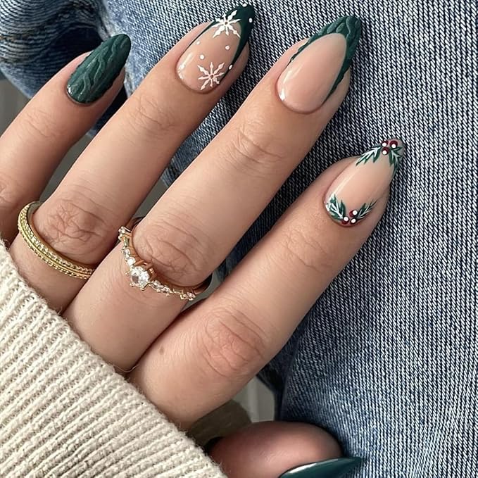 6 Packs (144 Pcs) Christmas Press on Nails Medium Almond Fake Nails Winter Xmas False Nails with Designs Snowflake Glue on Nails Full Cover Glossy Acrylic Stick on Nail for Women Girls Manicure