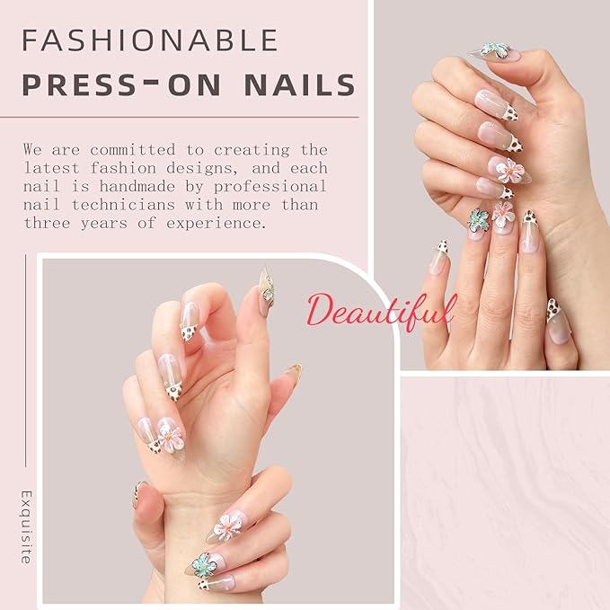 Handmade Press on Nails – Reusable False Nails with Leopard Print French Design, Gradient Tropical 3D Flower Art, Medium Almond Shaped Fake Nails (10PCS-M)