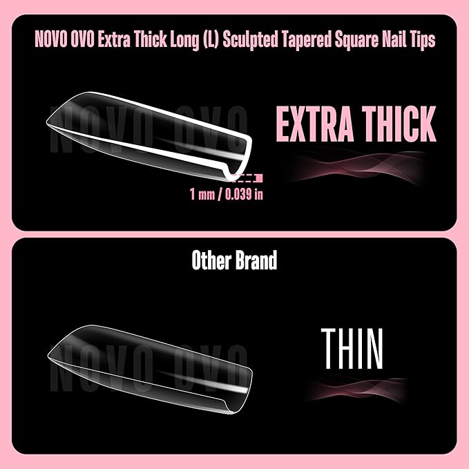 NOVO OVO Long Square Nail Tips SCULPTED (Not NATURAL) for Curved Nail Beds, Extra Thick L Length False Nails Press on, Full Cover Soft Gel Fake Nail Extension, Salon DIY x 15 Sizes 450 pcs