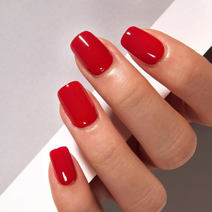 Curvlife Soft Gel Short Press on Nails - Clear Red Oval Fake Nails Solid Glossy Christmas Design Full Cover 15 Sizes Gel Nails, Women Reusable Nail Kit with Nail Glue Adhesive Tabs